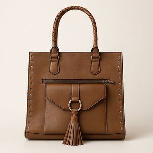 Sonoma Faux Leather Tote Bag with Tassel & Stud Detail – Brown – Excellent Condi